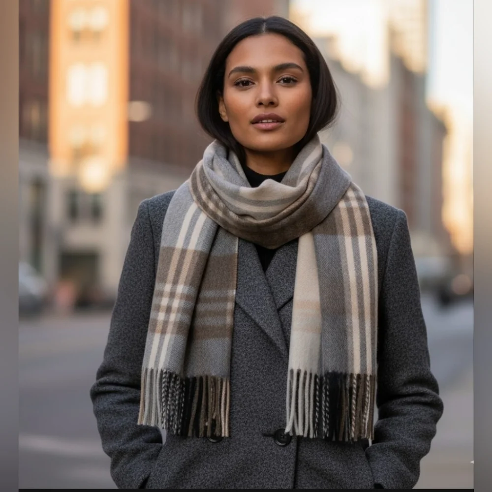 Joseph A Bank Cashmere Plaid Scarf In Cream Brown Tan Grey With Frange 70